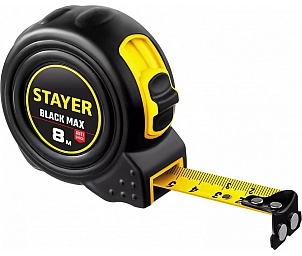 Рулетка STAYER BLACKMAX 8х25 (прорезин. корпус, два фикс., магнит)